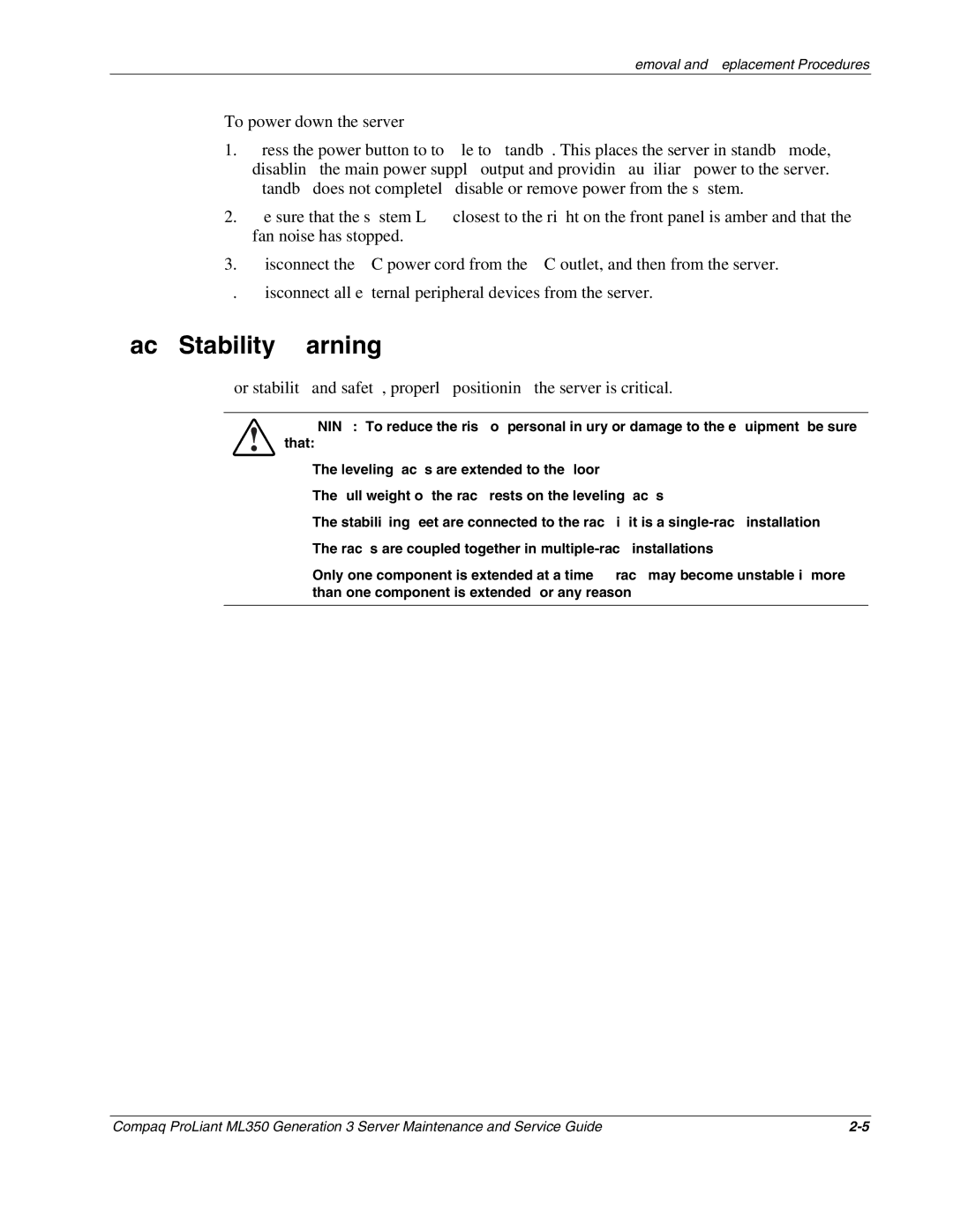 Compaq ML350 manual Rack Stability Warning 