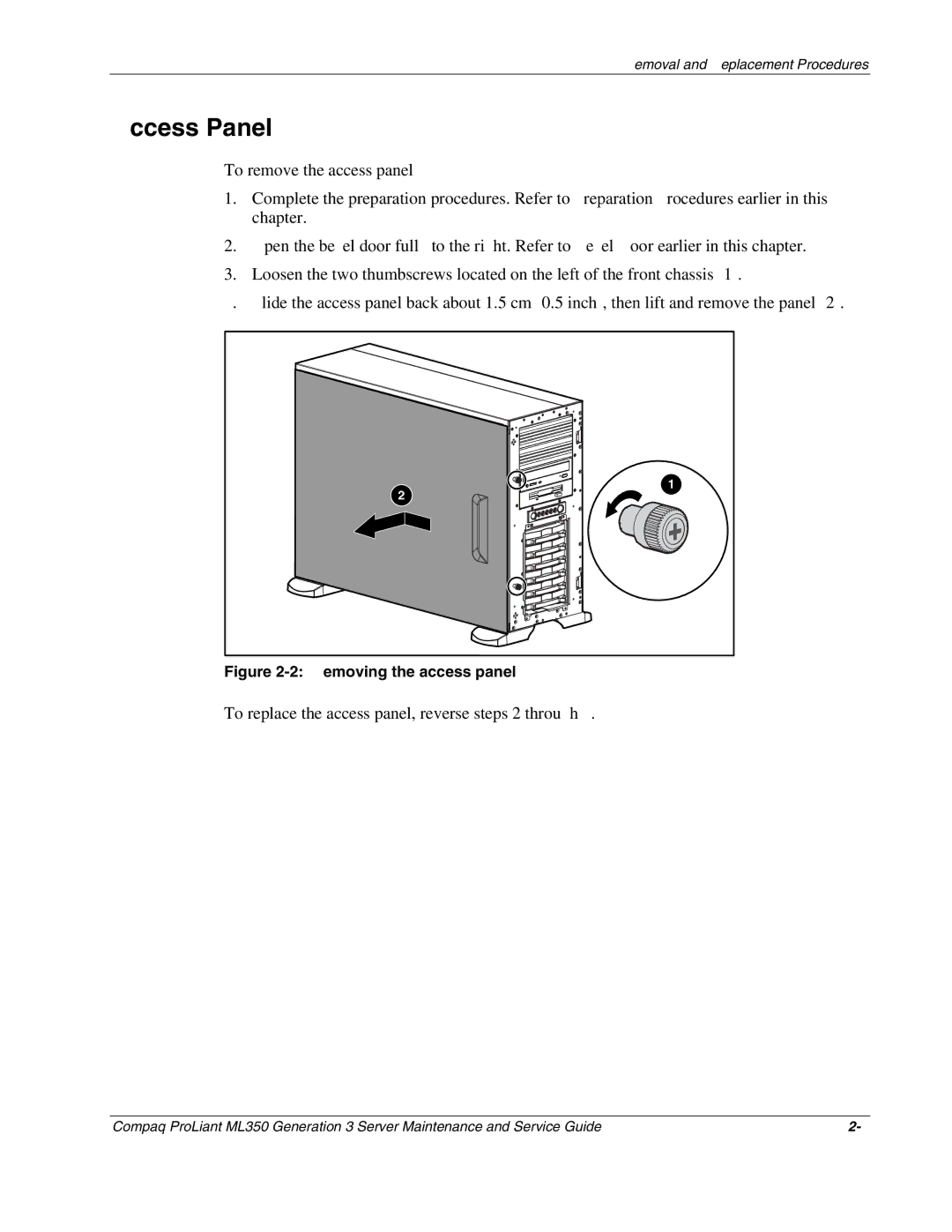 Compaq ML350 manual Access Panel, To replace the access panel, reverse steps 2 through 