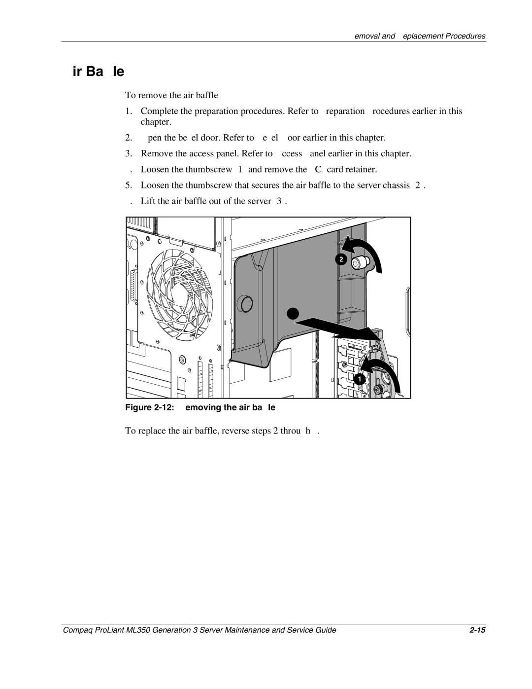 Compaq ML350 manual Air Baffle, To replace the air baffle, reverse steps 2 through 