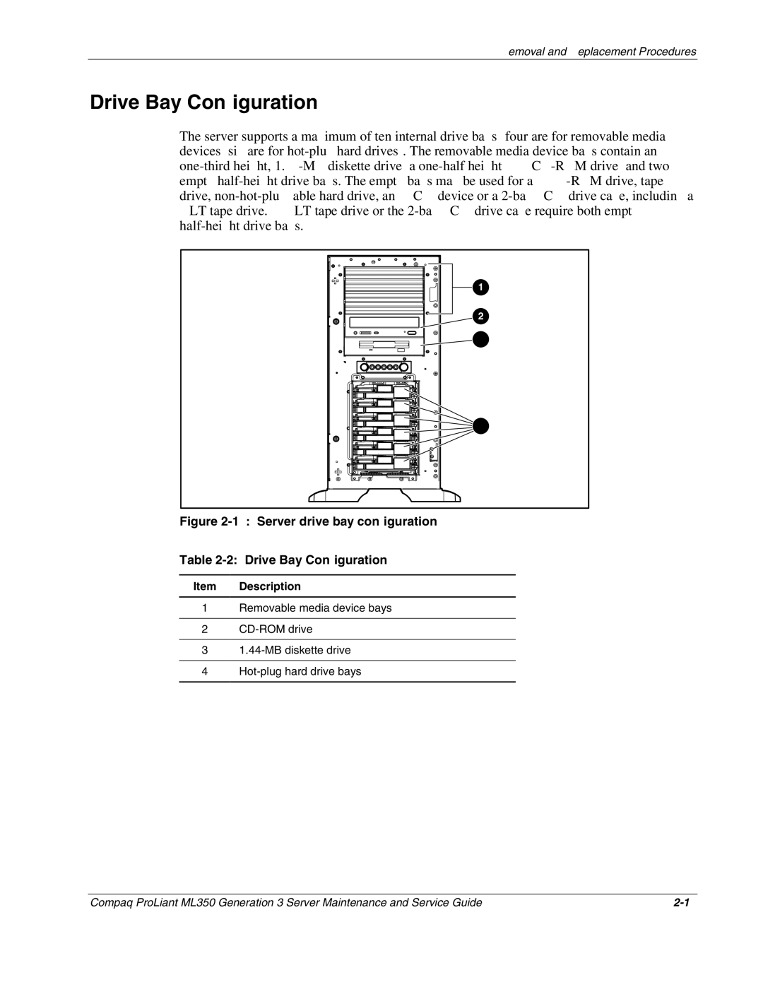 Compaq ML350 manual Drive Bay Configuration, Description 