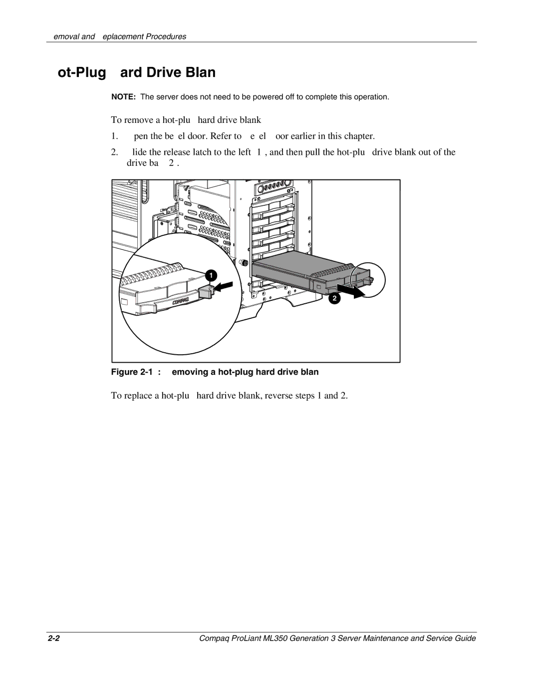 Compaq ML350 manual Hot-Plug Hard Drive Blank, To replace a hot-plug hard drive blank, reverse steps 1 