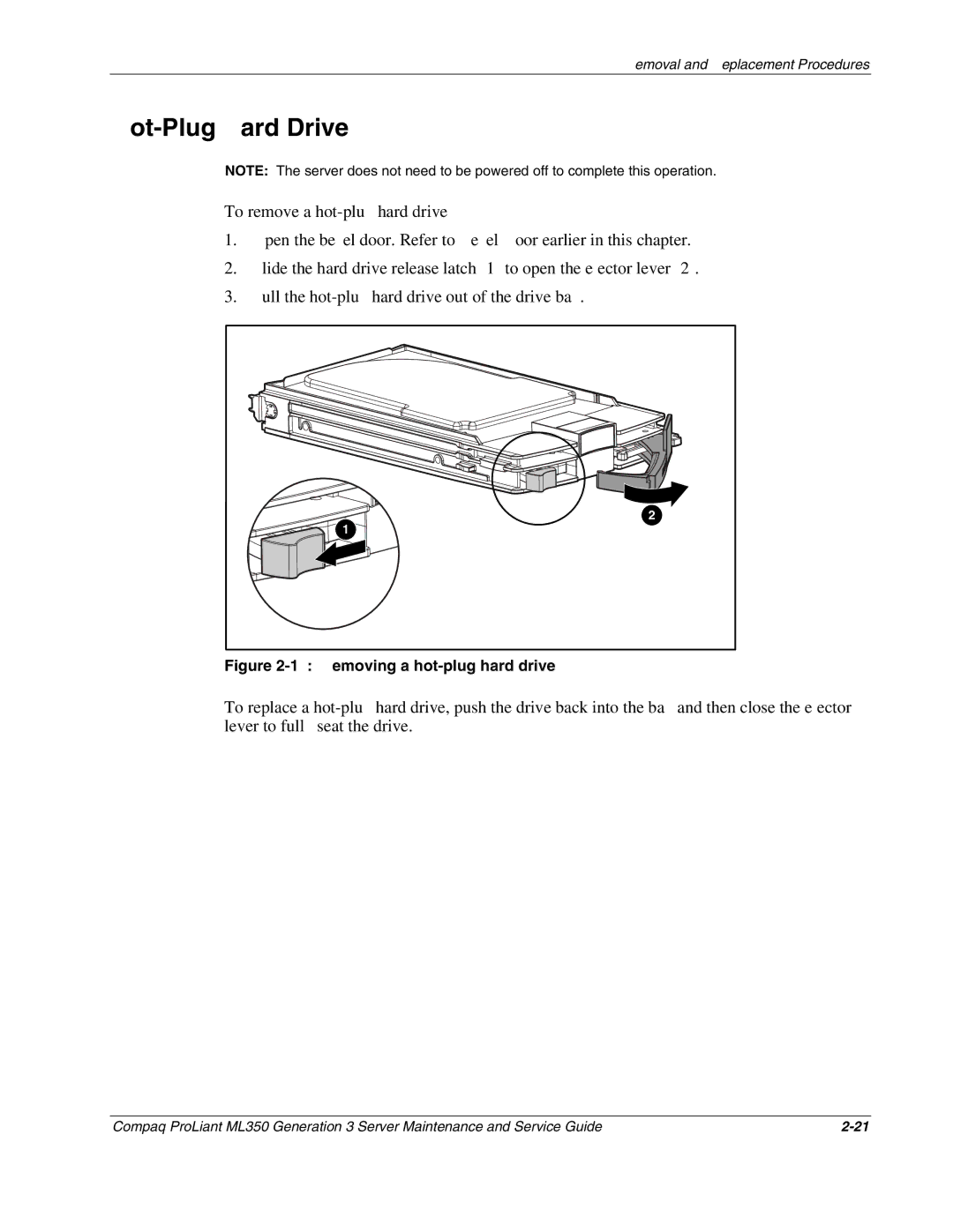 Compaq ML350 manual Hot-Plug Hard Drive, Removing a hot-plug hard drive 