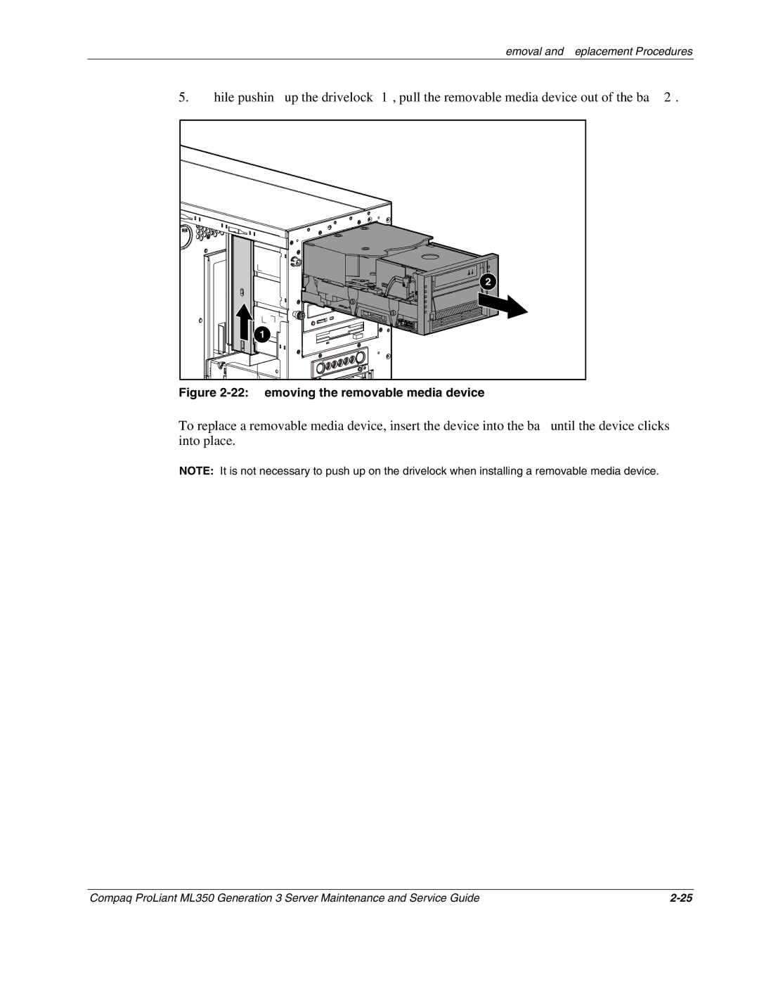 Compaq ML350 manual Removing the removable media device 