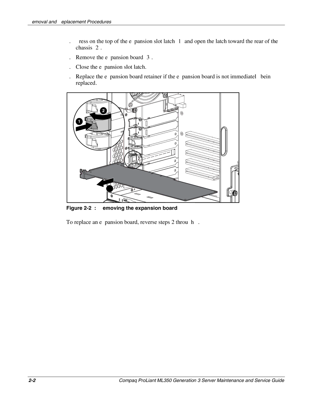 Compaq ML350 manual To replace an expansion board, reverse steps 2 through, Removing the expansion board 