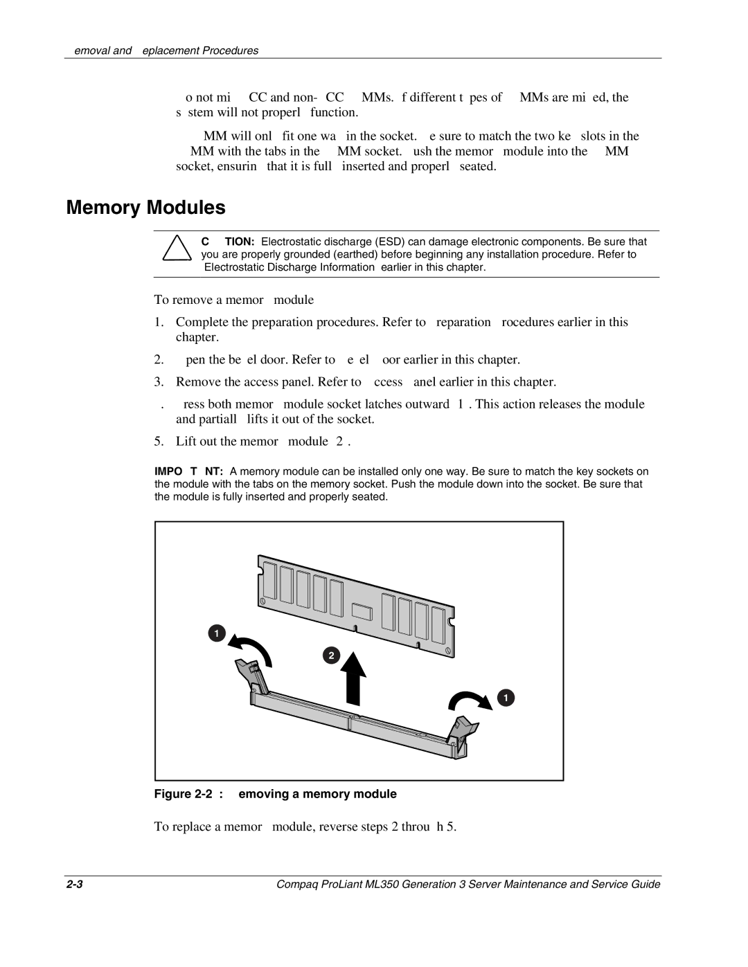 Compaq ML350 manual Memory Modules, To replace a memory module, reverse steps 2 through 