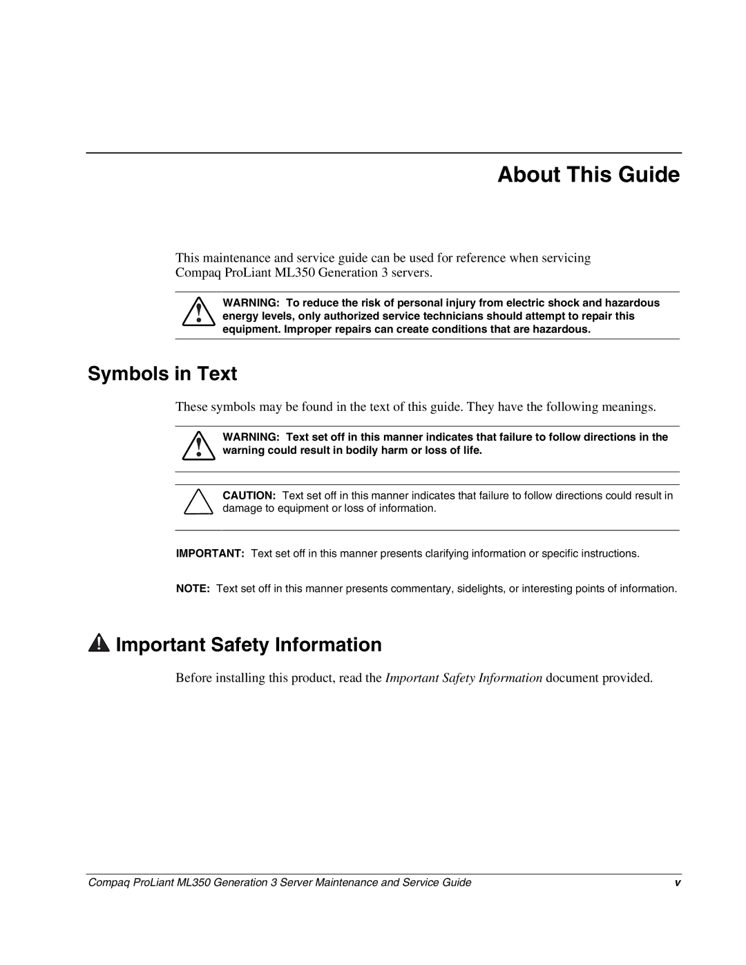 Compaq ML350 manual About This Guide, Symbols in Text, Important Safety Information 