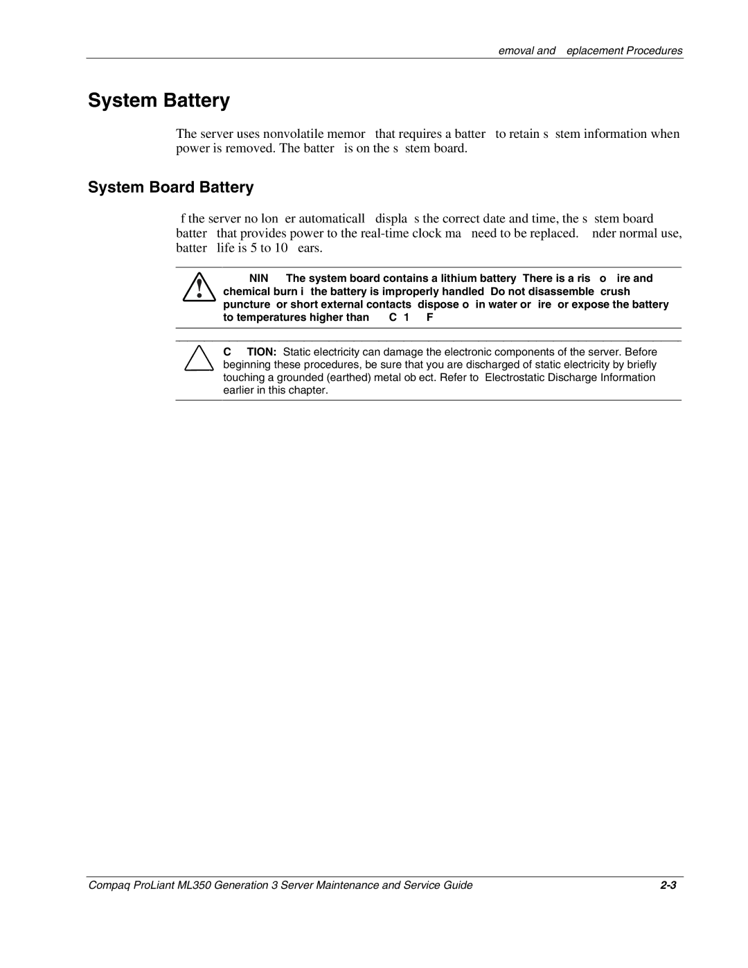 Compaq ML350 manual System Battery, System Board Battery 