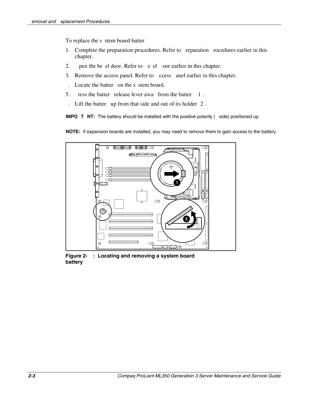 Compaq ML350 manual Locating and removing a system board battery 