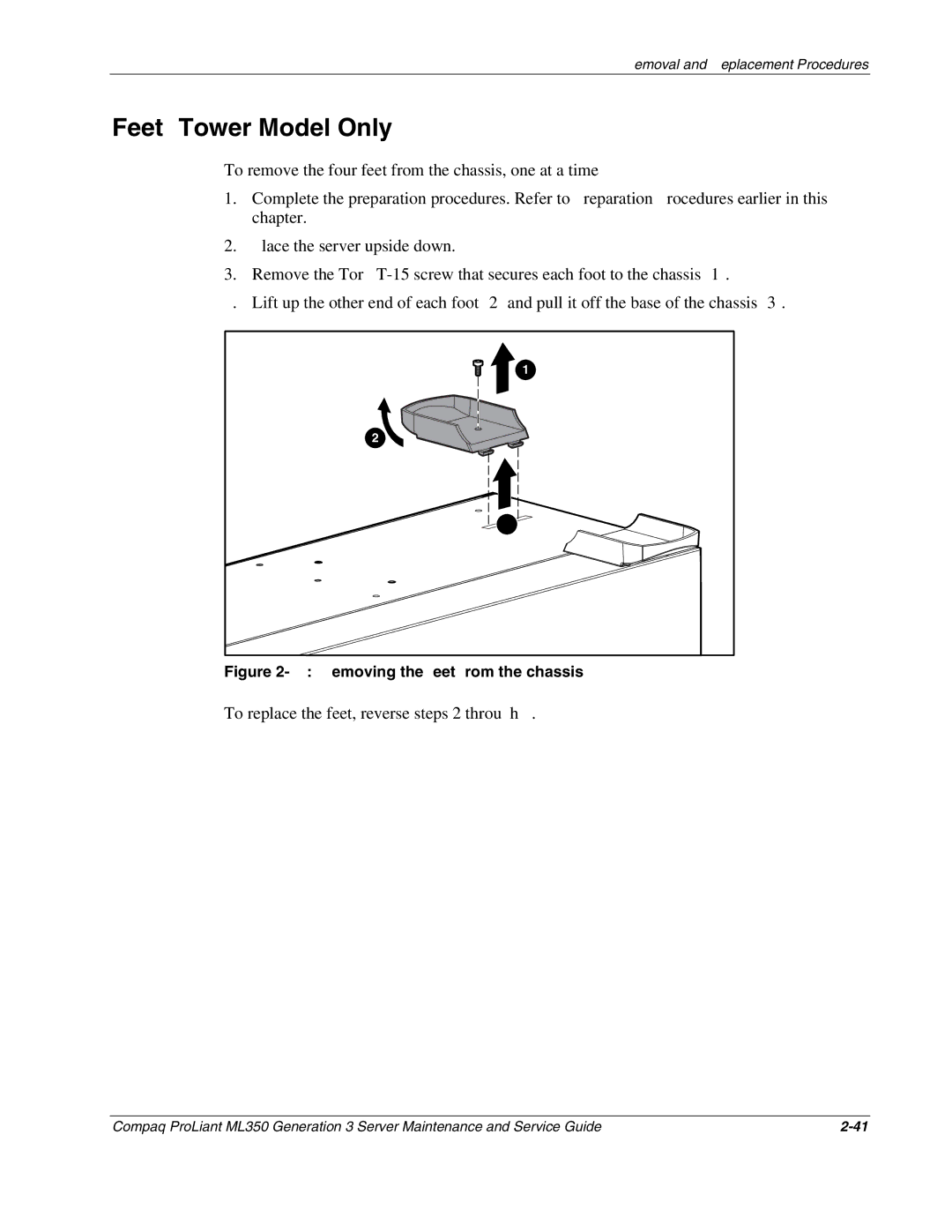 Compaq ML350 manual Feet Tower Model Only, To replace the feet, reverse steps 2 through 