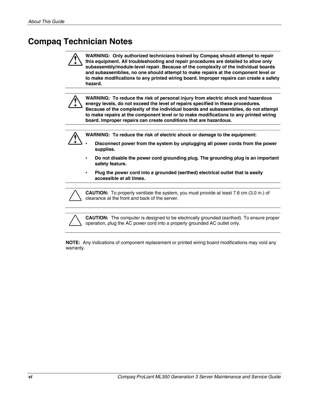 Compaq ML350 manual Compaq Technician Notes 