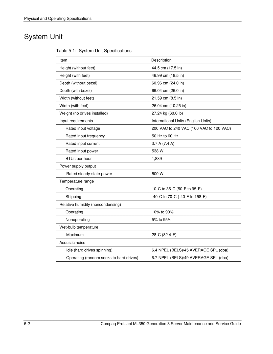 Compaq ML350 manual System Unit Specifications 