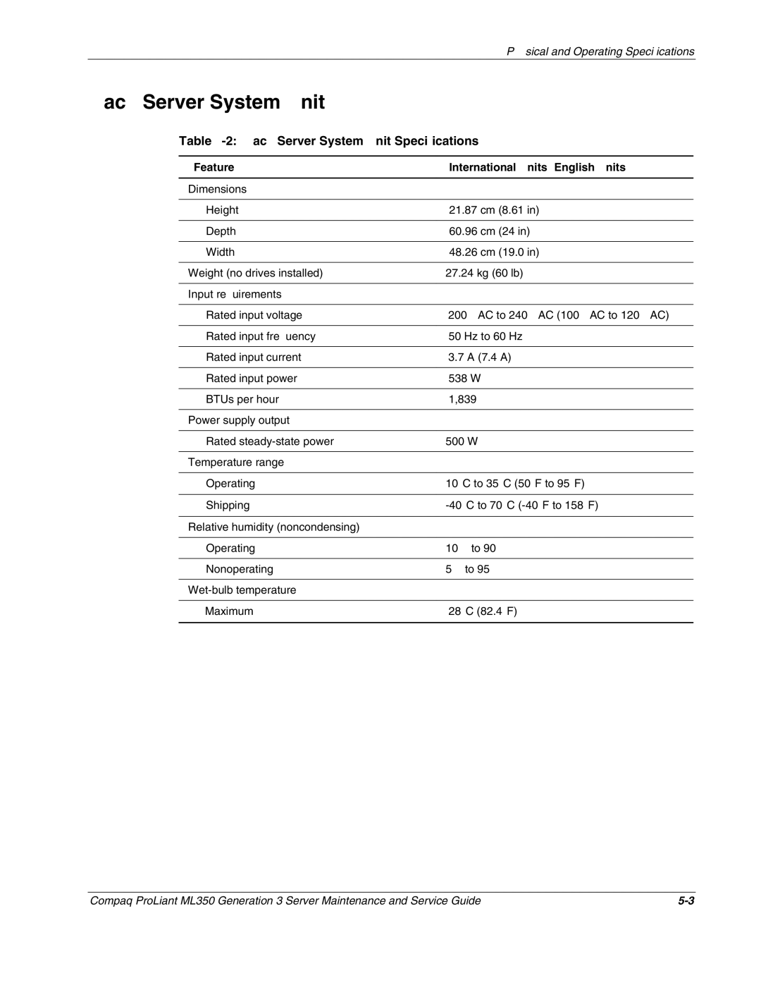 Compaq ML350 manual Rack Server System Unit Specifications, Feature International Units English Units 