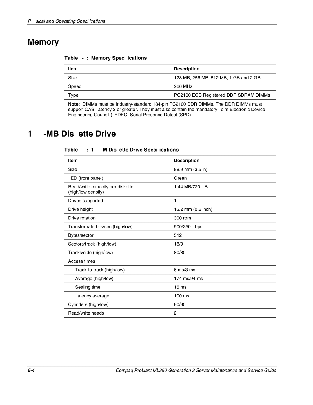 Compaq ML350 manual MB Diskette Drive, Memory Specifications, M Diskette Drive Specifications 