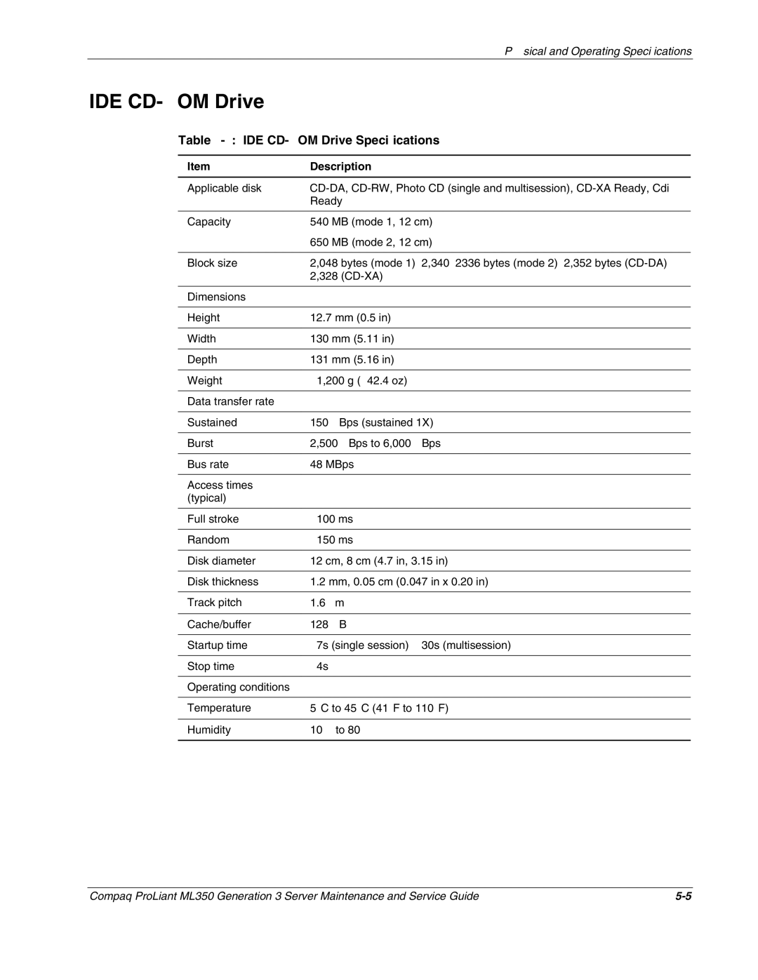 Compaq ML350 manual IDE CD-ROM Drive Specifications 