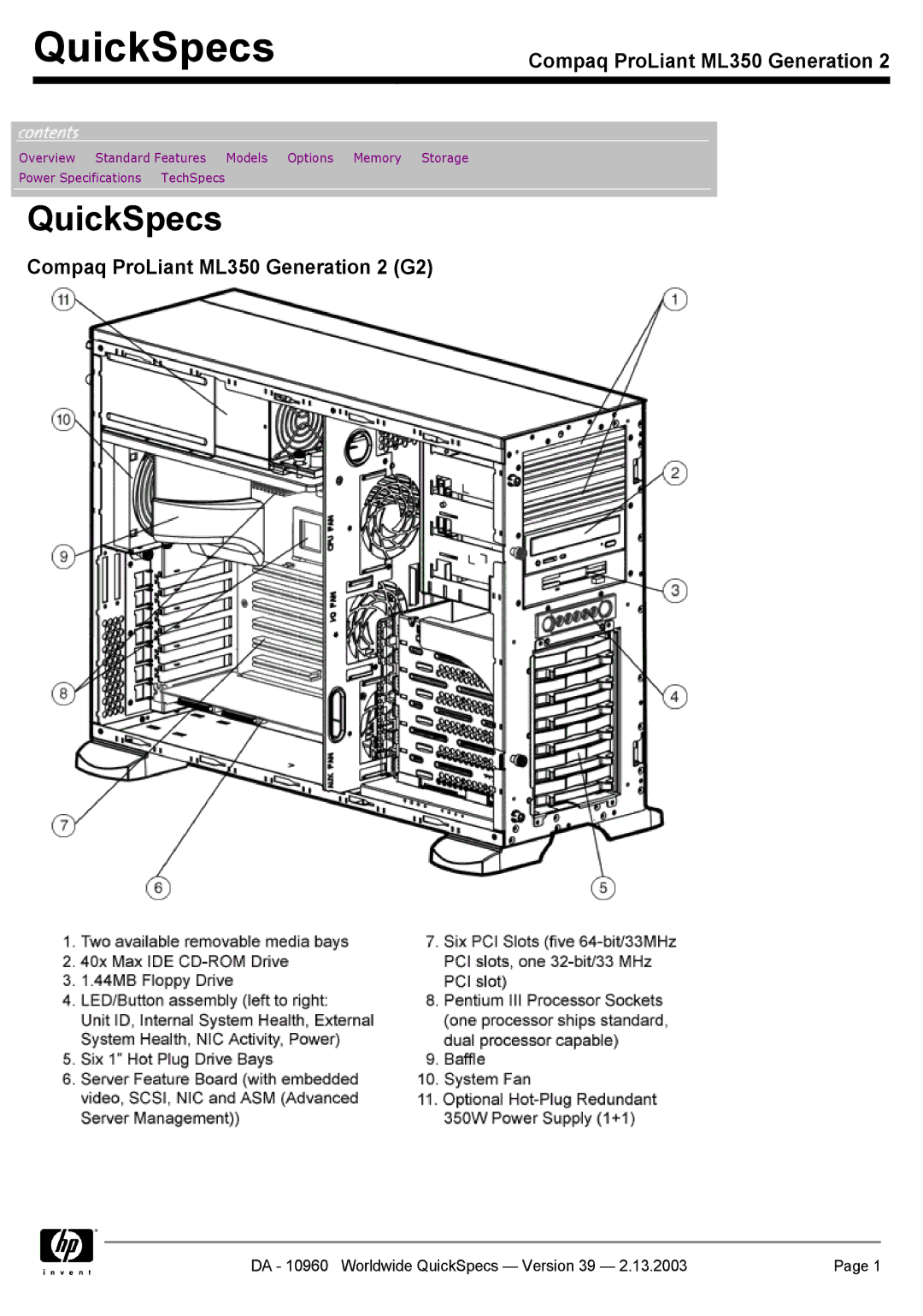 Compaq ML350 specifications QuickSpecs 