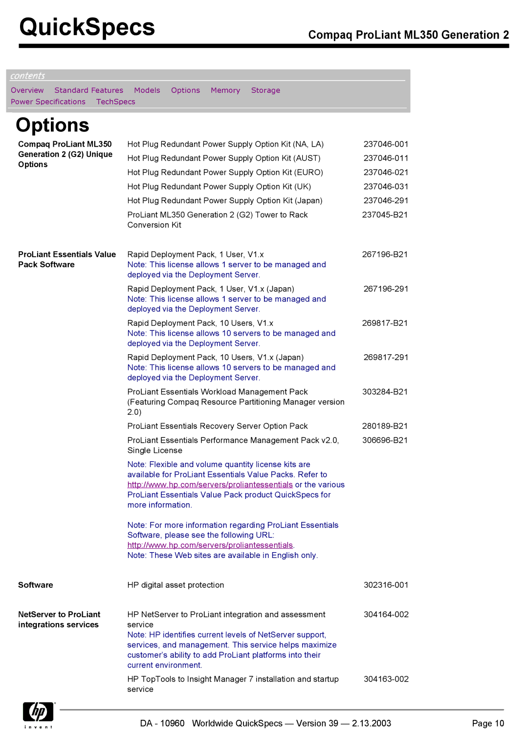 Compaq ML350 specifications Options, NetServer to ProLiant, Integrations services 