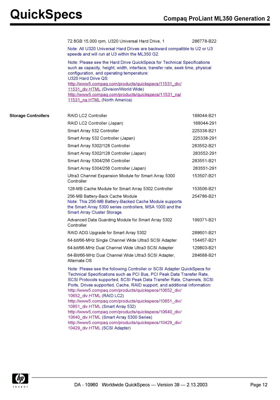 Compaq ML350 specifications Storage Controllers 