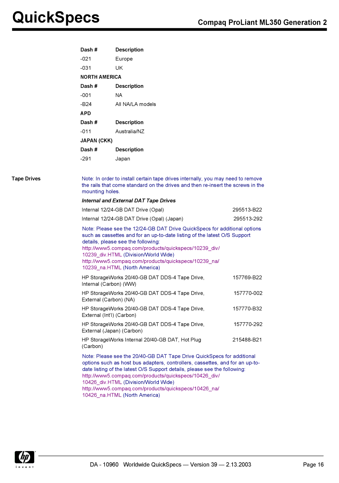 Compaq ML350 specifications Internal and External DAT Tape Drives 