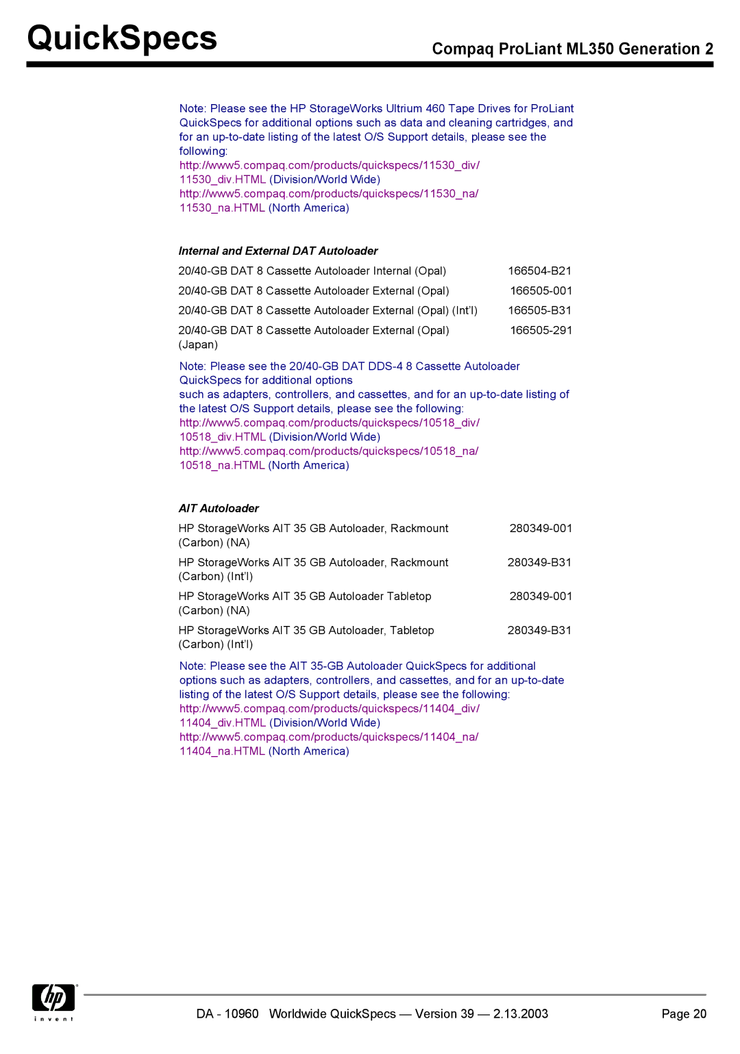 Compaq ML350 specifications Internal and External DAT Autoloader, AIT Autoloader 