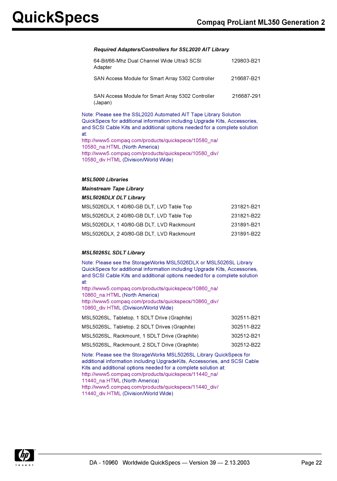 Compaq ML350 specifications Required Adapters/Controllers for SSL2020 AIT Library, MSL5026SL Sdlt Library 