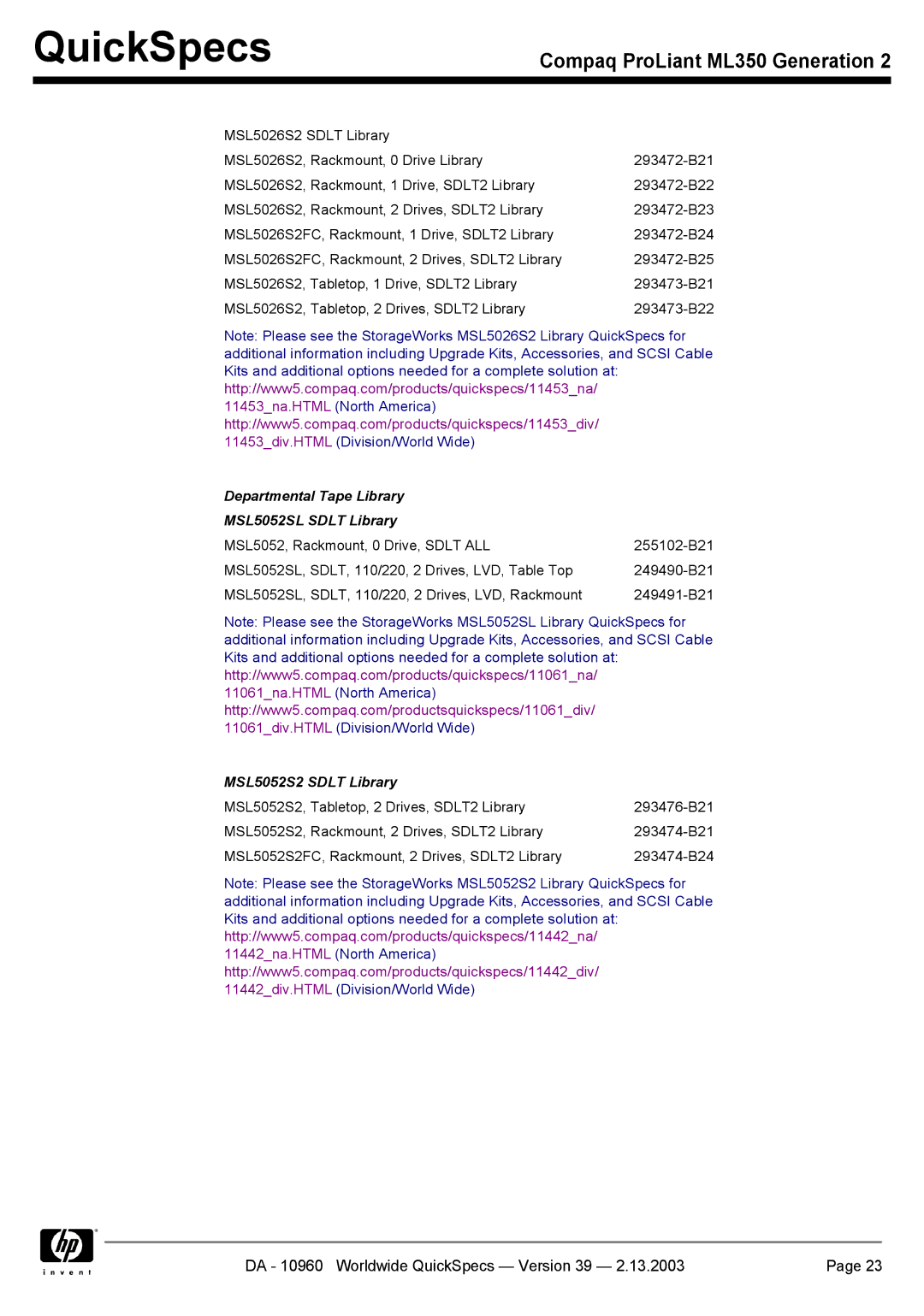 Compaq ML350 specifications Departmental Tape Library MSL5052SL Sdlt Library, MSL5052S2 Sdlt Library 