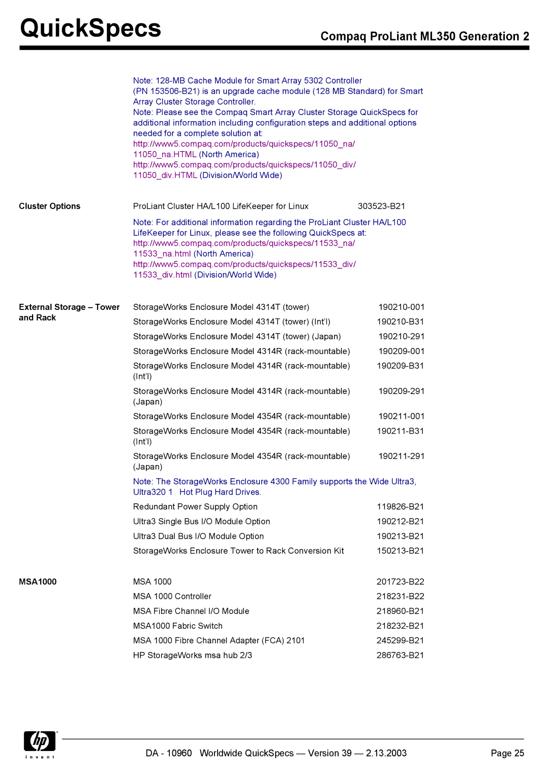 Compaq ML350 specifications Cluster Options, External Storage Tower and Rack MSA1000 