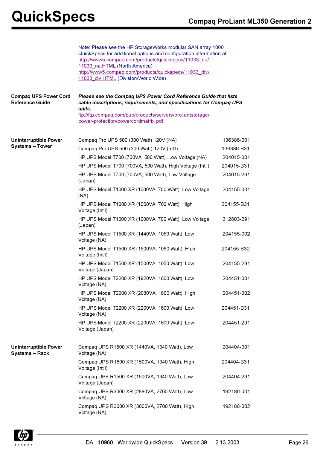 Compaq ML350 specifications QuickSpecs 