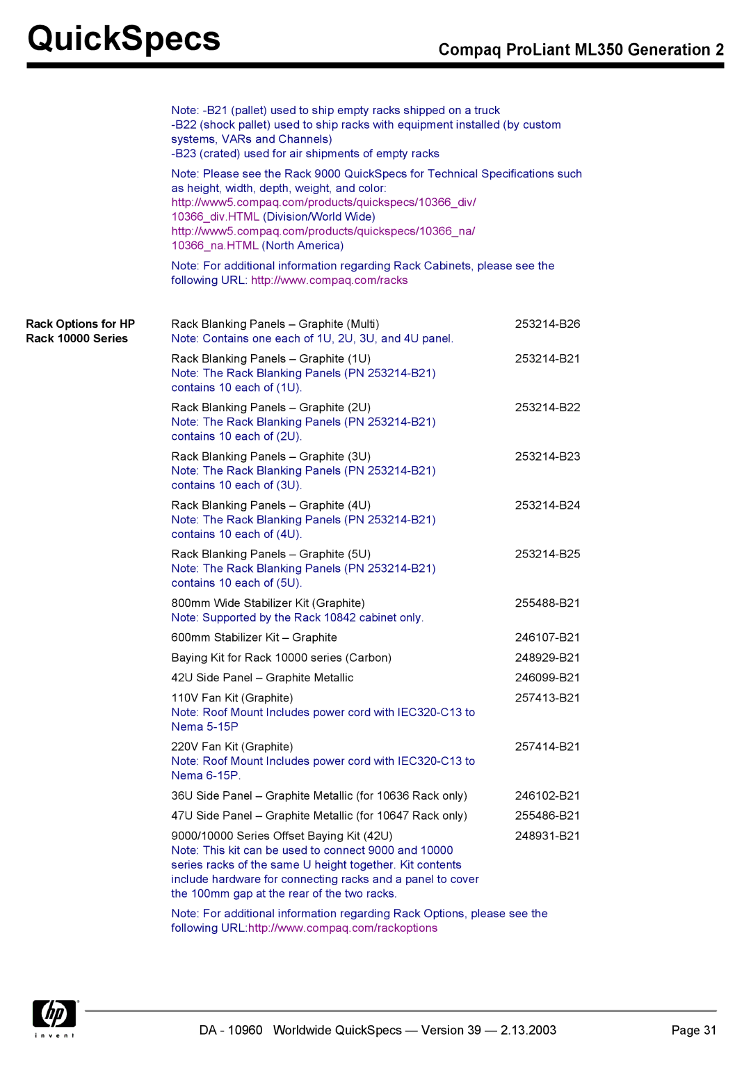 Compaq ML350 specifications Rack Options for HP 