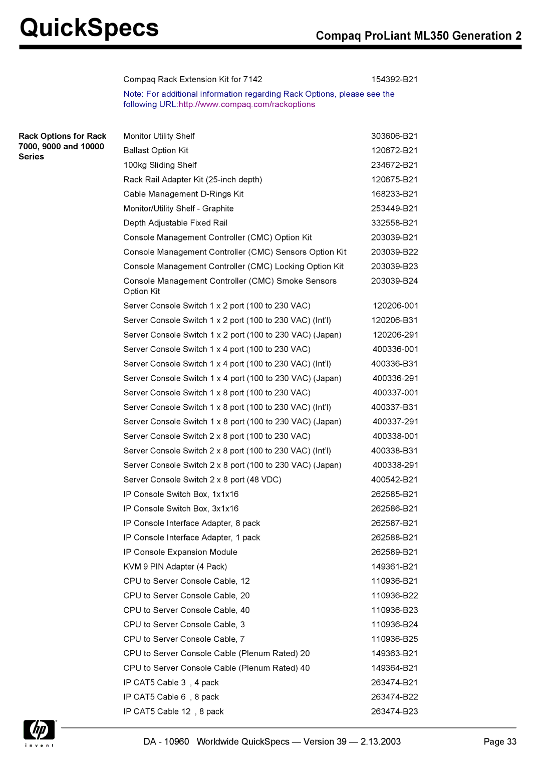 Compaq ML350 specifications Rack Options for Rack 7000, 9000 and 10000 Series 