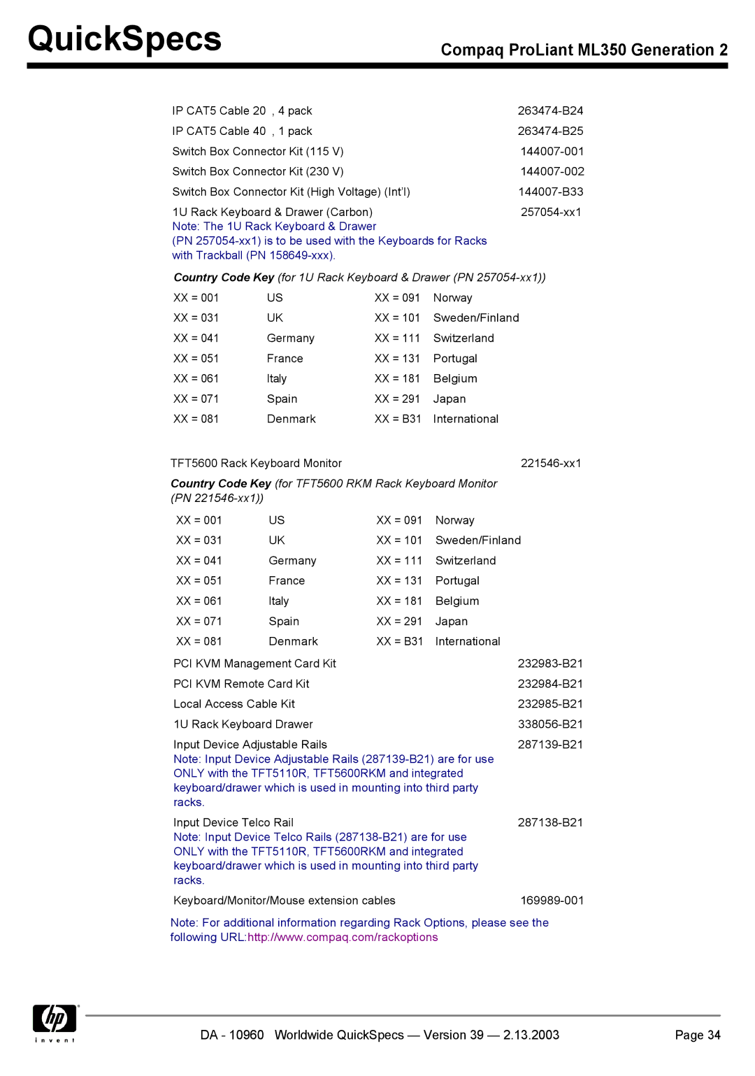 Compaq ML350 specifications Country Code Key for 1U Rack Keyboard & Drawer PN 