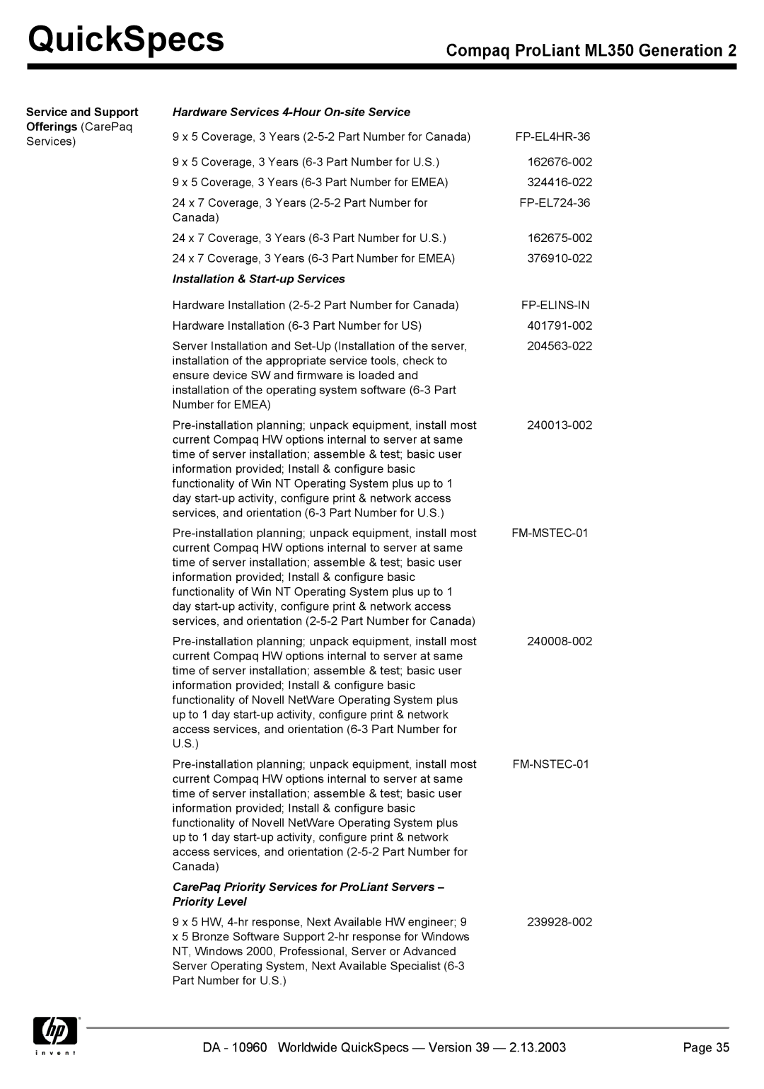 Compaq ML350 specifications Service and Support Offerings CarePaq, Hardware Services 4-Hour On-site Service 