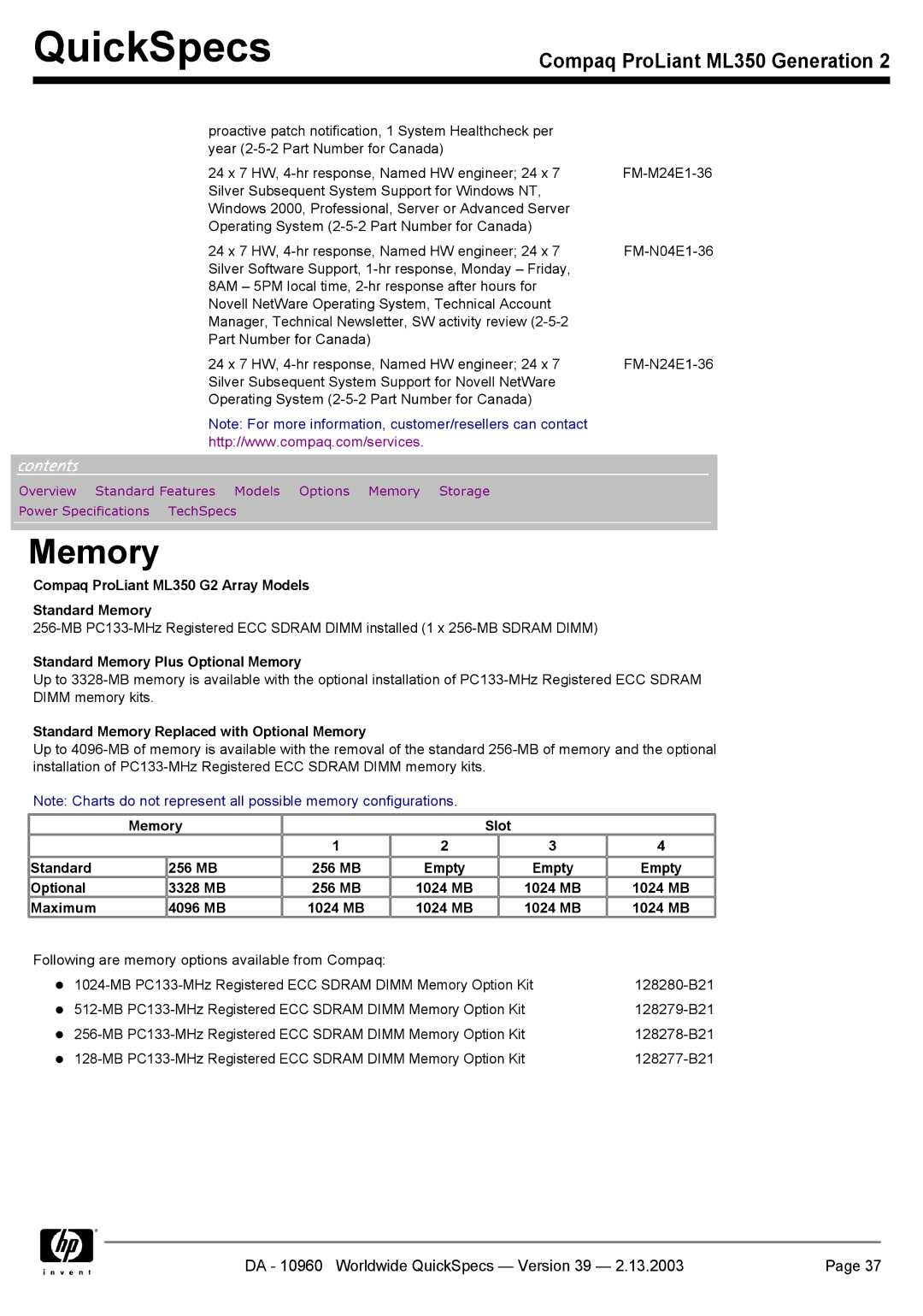 Compaq specifications Compaq ProLiant ML350 G2 Array Models Standard Memory, Standard Memory Plus Optional Memory 