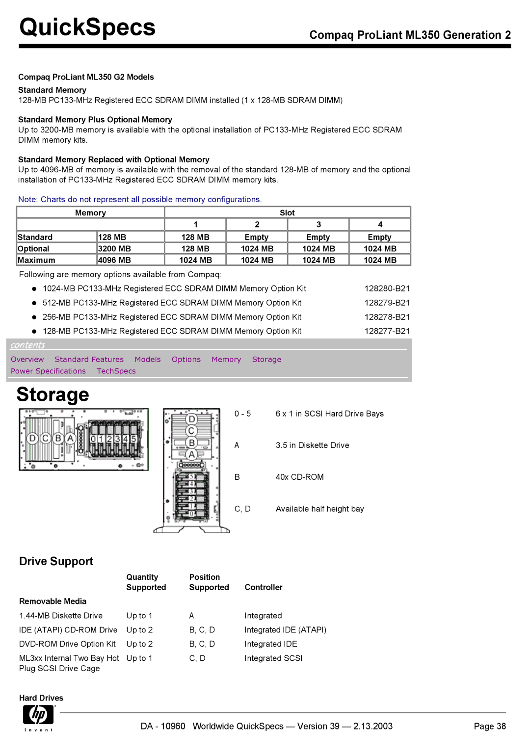 Compaq Storage, Compaq ProLiant ML350 G2 Models Standard Memory, Quantity Position Supported Controller Removable Media 