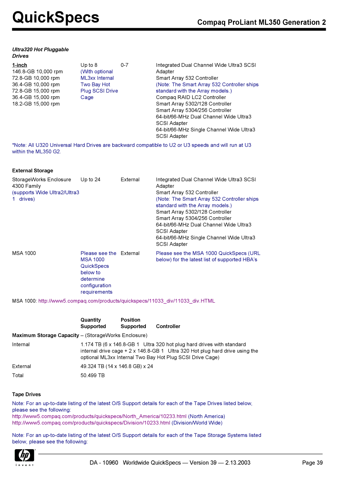 Compaq ML350 specifications Ultra320 Hot Pluggable Drives, Inch, External Storage, Quantity Position Supported Controller 
