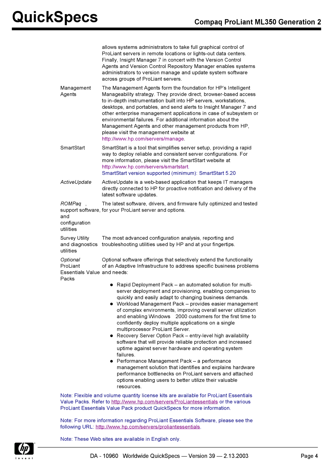 Compaq ML350 specifications ActiveUpdate 