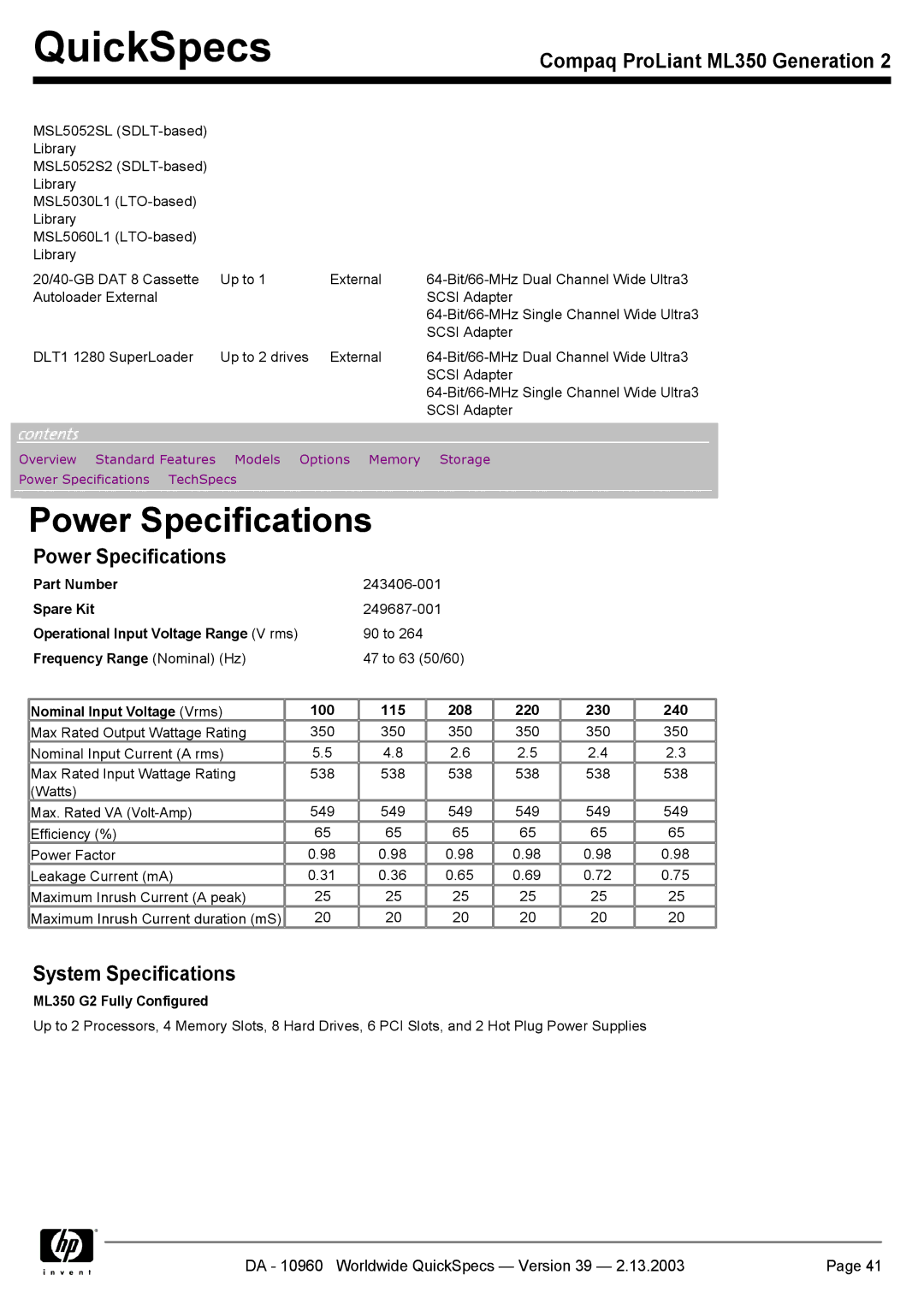 Compaq ML350 specifications Power Specifications 