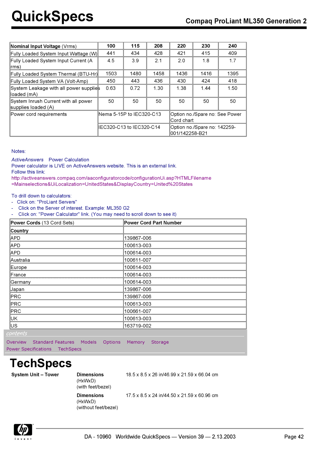 Compaq ML350 specifications TechSpecs, Power Cord Part Number, Country, System Unit Tower Dimensions 