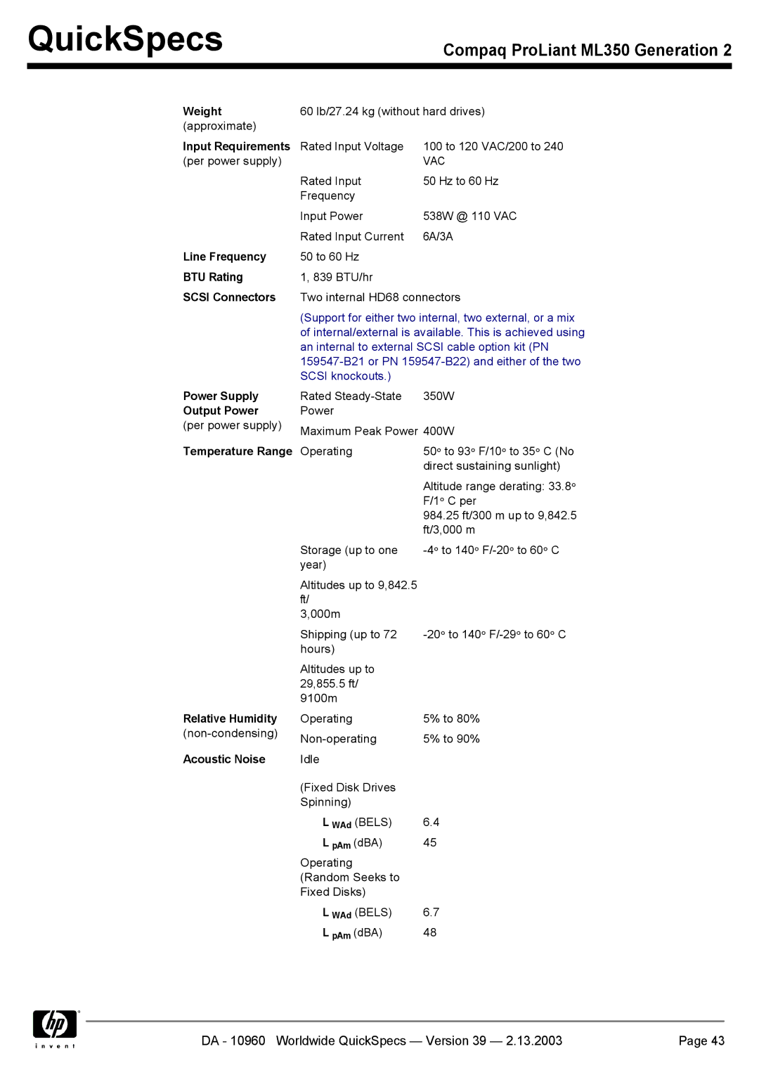 Compaq ML350 Weight, Input Requirements, Line Frequency, BTU Rating, Scsi Connectors, Power Supply Output Power 