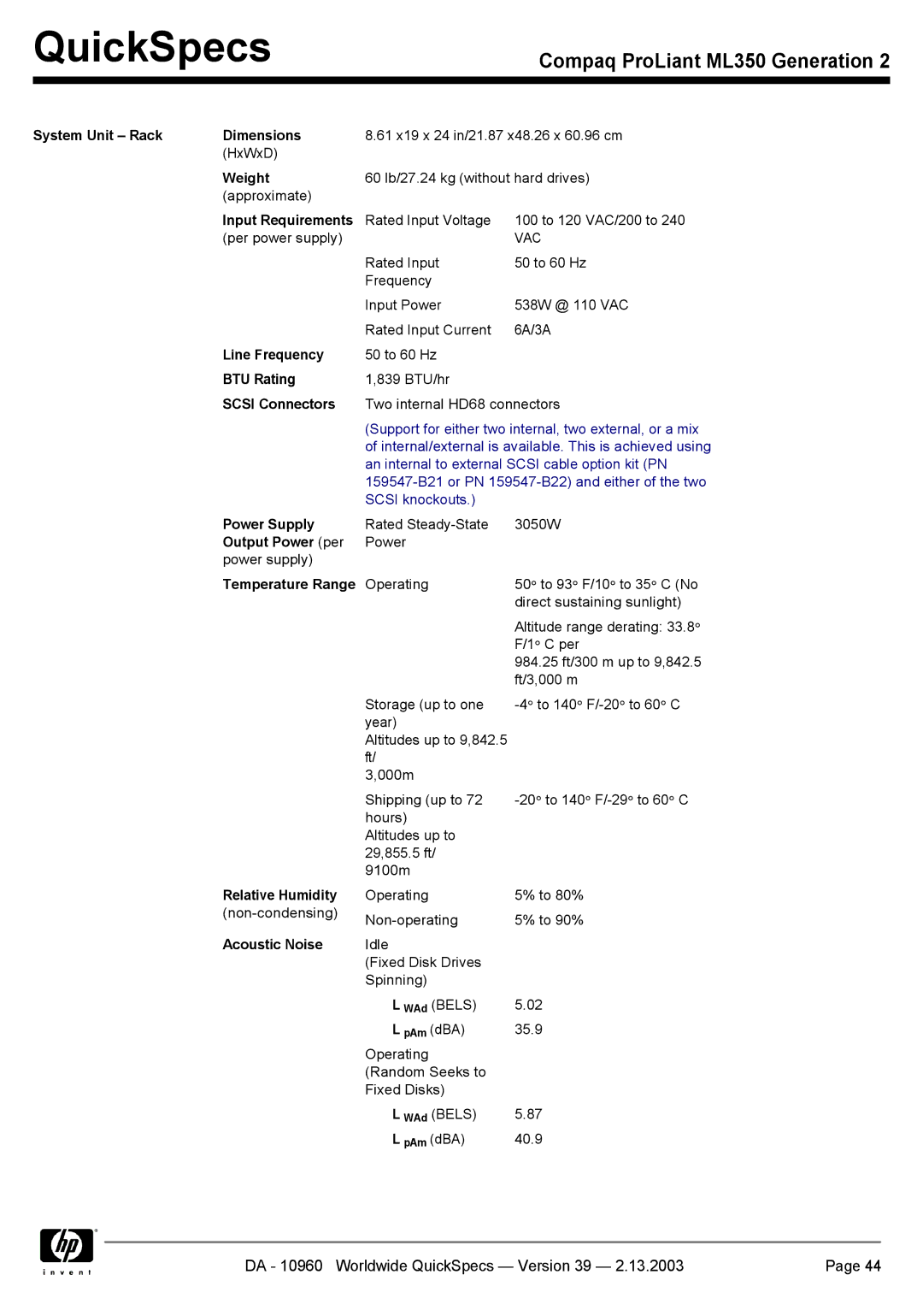 Compaq ML350 specifications System Unit Rack Dimensions, Output Power per, Temperature Range 