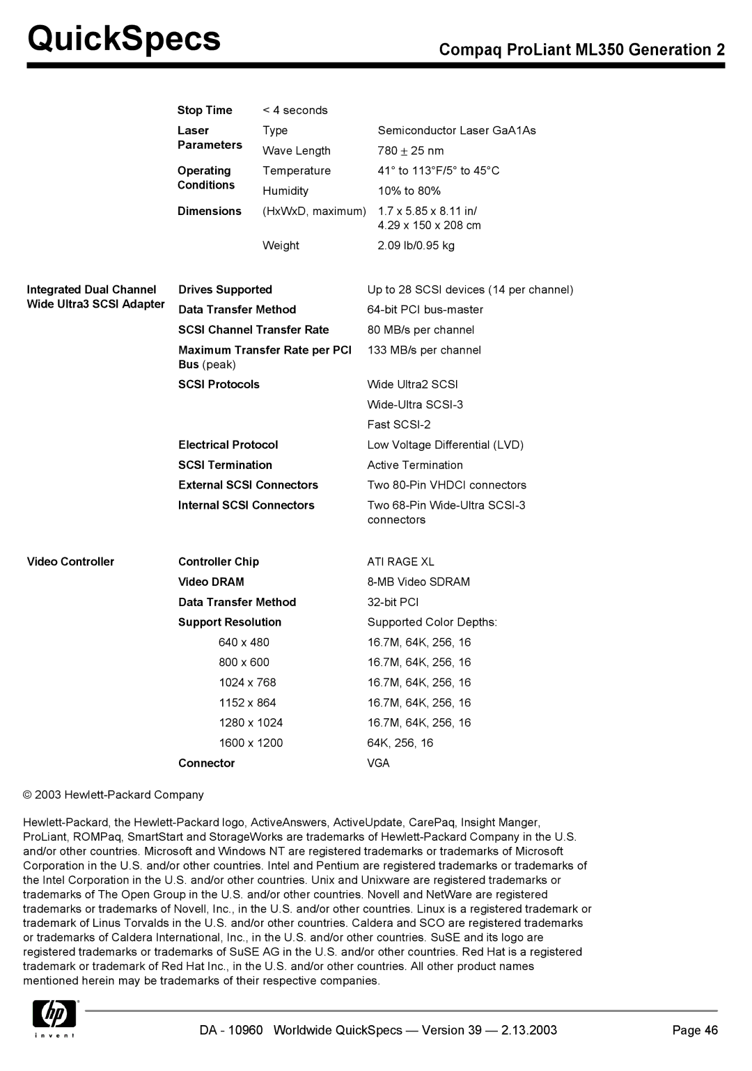 Compaq ML350 Stop Time, Laser, Parameters, Operating, Conditions, Data Transfer Method, Scsi Channel Transfer Rate 