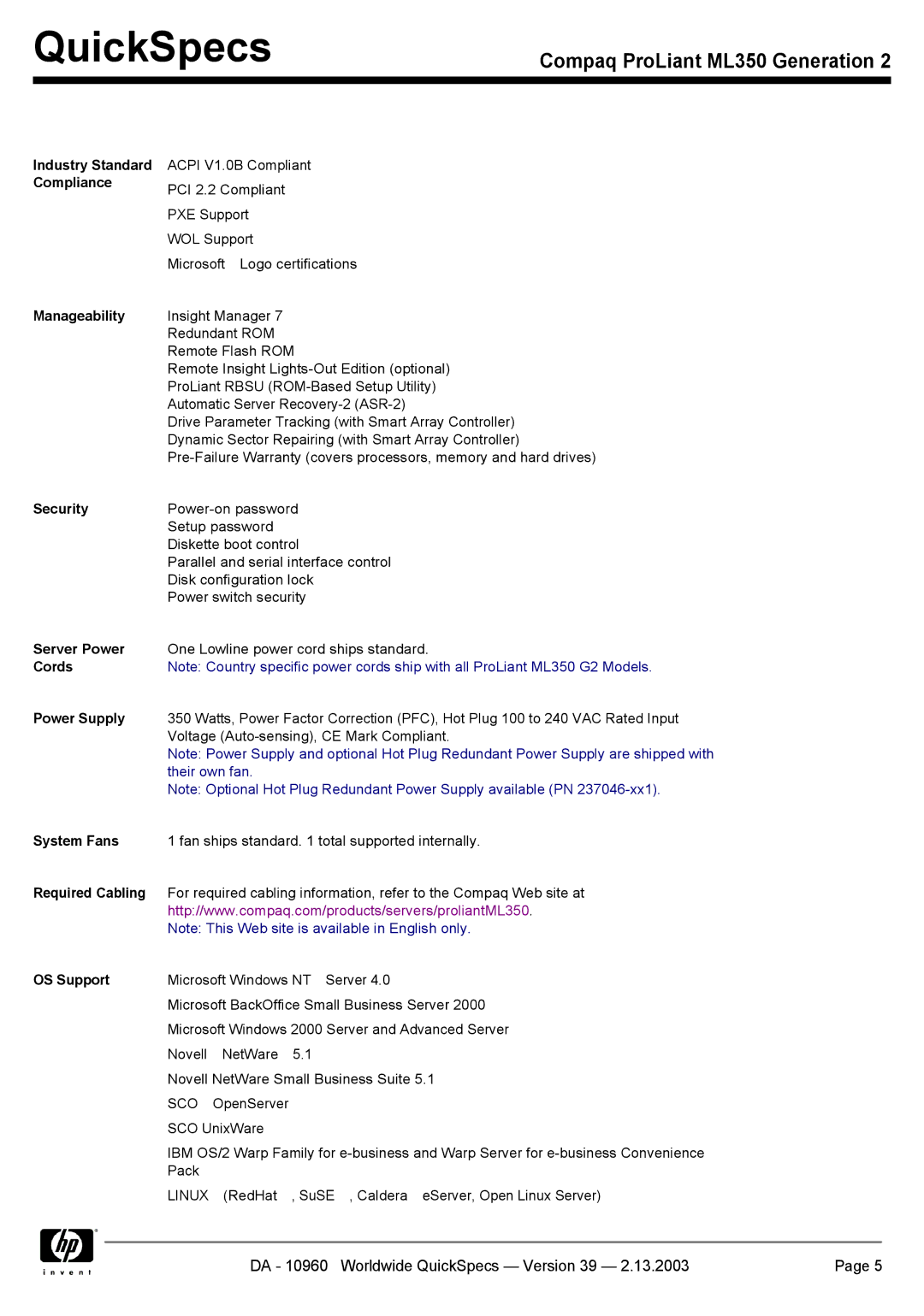 Compaq ML350 Industry Standard Compliance Manageability, Security, Server Power, Cords Power Supply, System Fans 