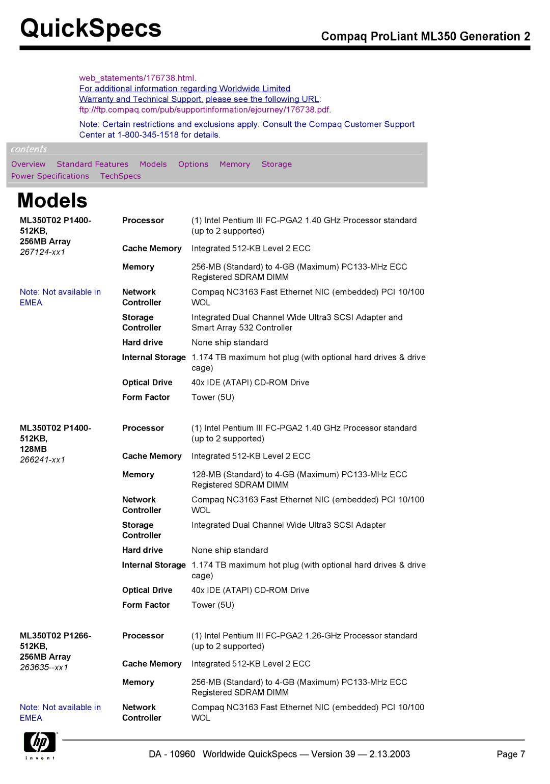 Compaq ML350 specifications Models 