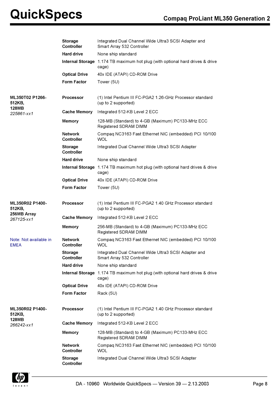 Compaq specifications ML350T02 P1266- 512KB 128MB, ML350R02 P1400- 512KB 256MB Array, ML350R02 P1400- 512KB 128MB 