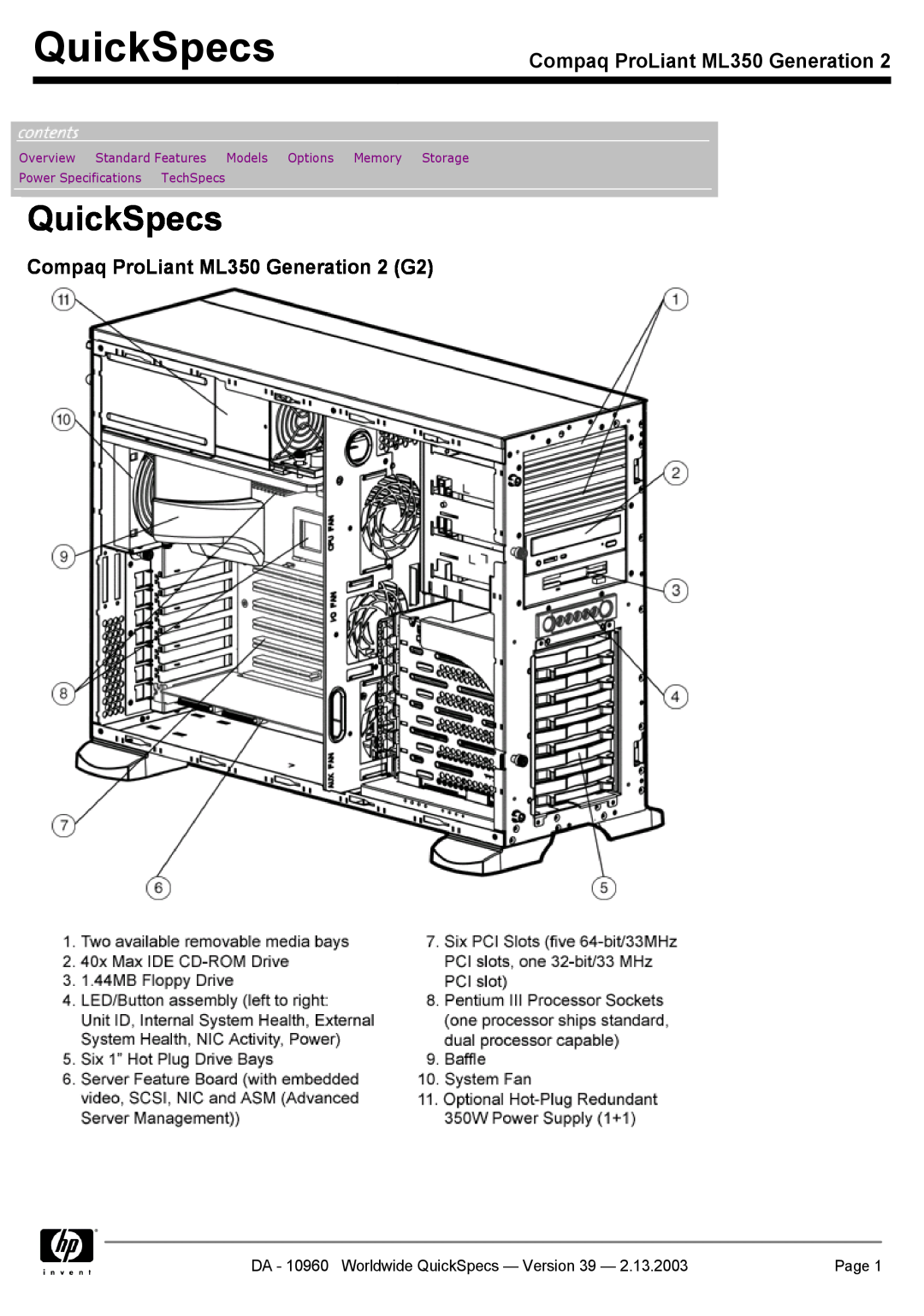Compaq specifications QuickSpecs, Compaq ProLiant ML350 Generation 2 G2, Page, Power Specifications TechSpecs 