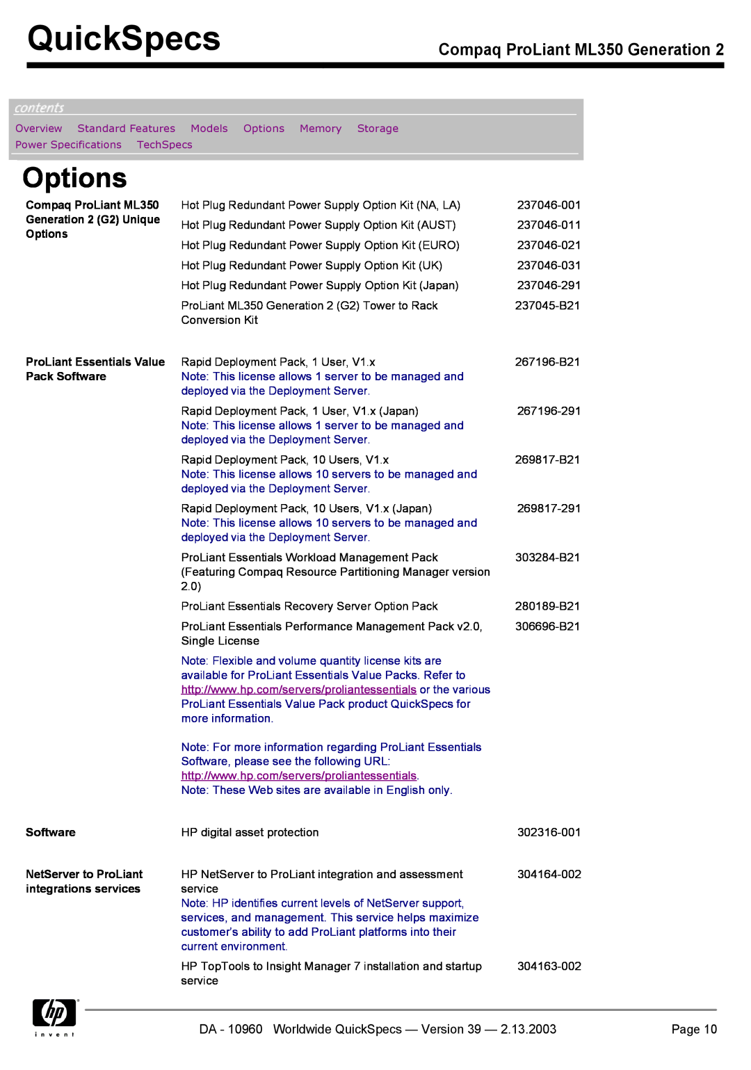 Compaq specifications Options, Compaq ProLiant ML350 Generation, DA - 10960 Worldwide QuickSpecs - Version 39, Page 