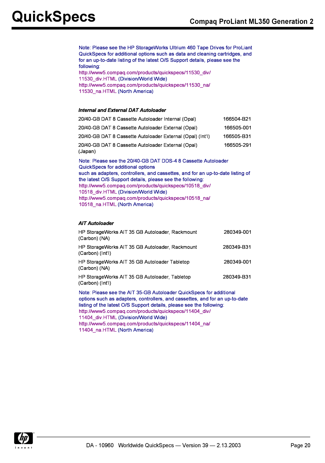 Compaq Internal and External DAT Autoloader, AIT Autoloader, QuickSpecs, Compaq ProLiant ML350 Generation, Page 