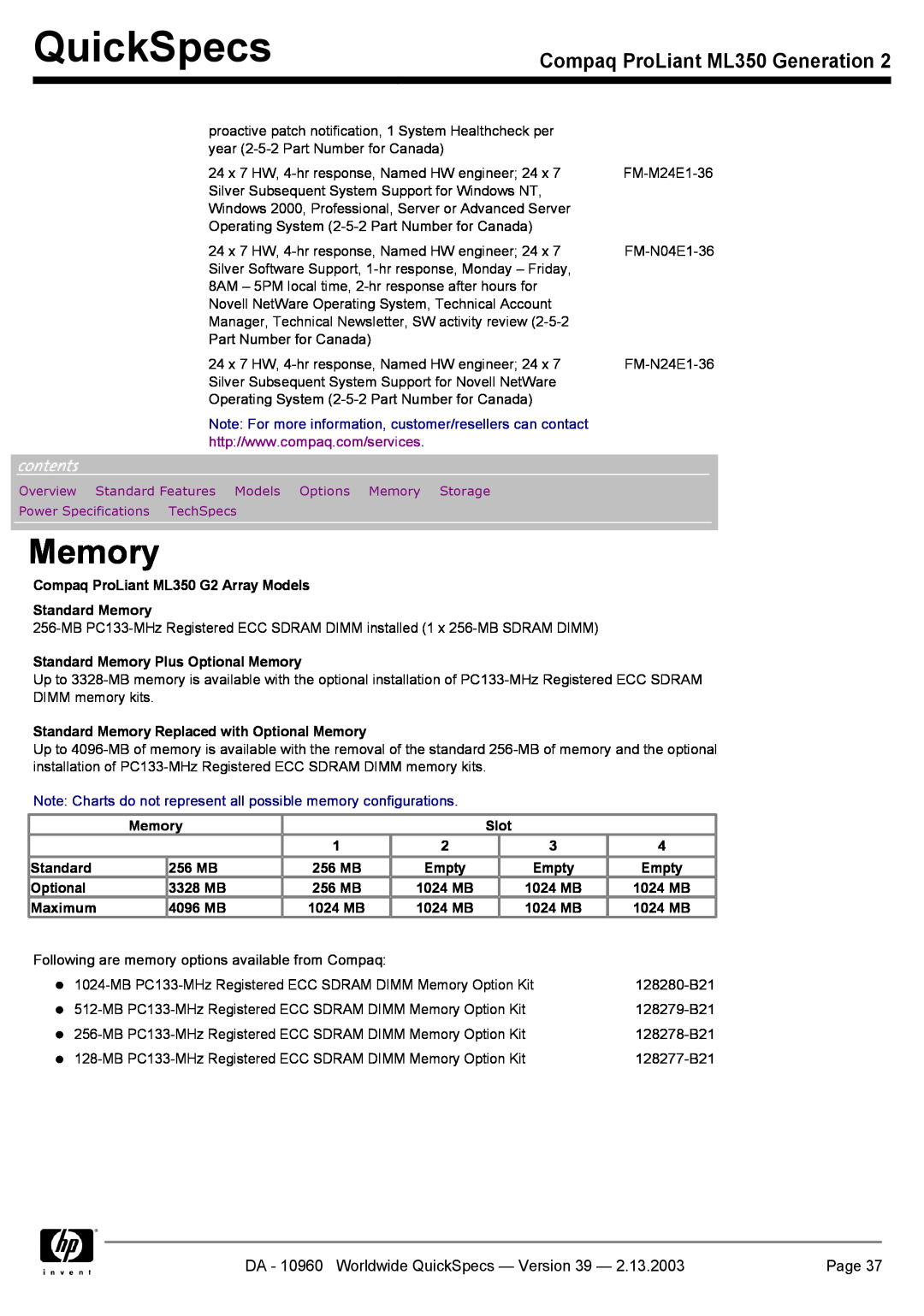Compaq specifications Memory, Compaq ProLiant ML350 Generation, DA - 10960 Worldwide QuickSpecs - Version 39, Page 