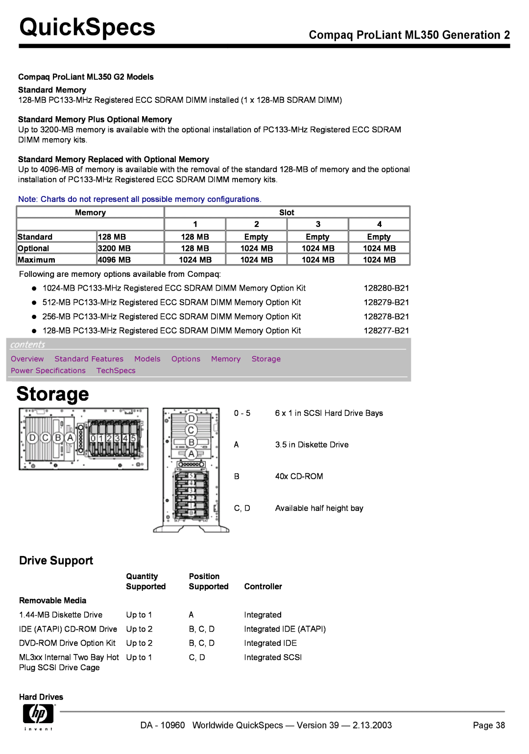Compaq specifications Storage, Drive Support, QuickSpecs, Compaq ProLiant ML350 Generation, Page 