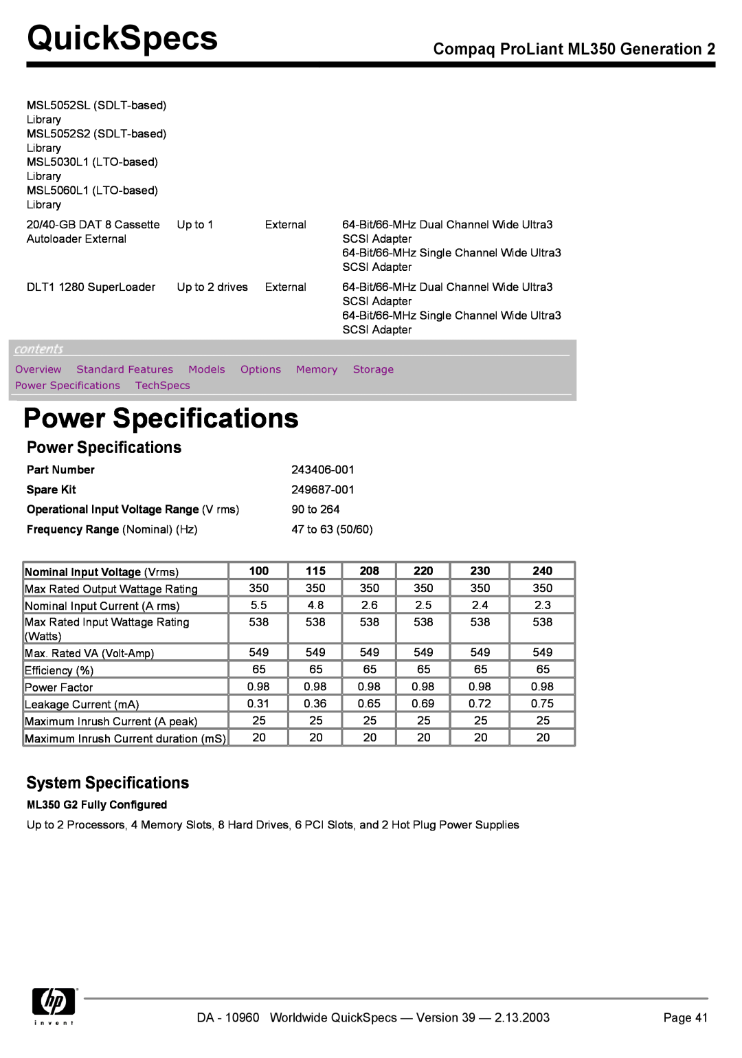 Compaq specifications Power Specifications, System Specifications, QuickSpecs, Compaq ProLiant ML350 Generation, Page 