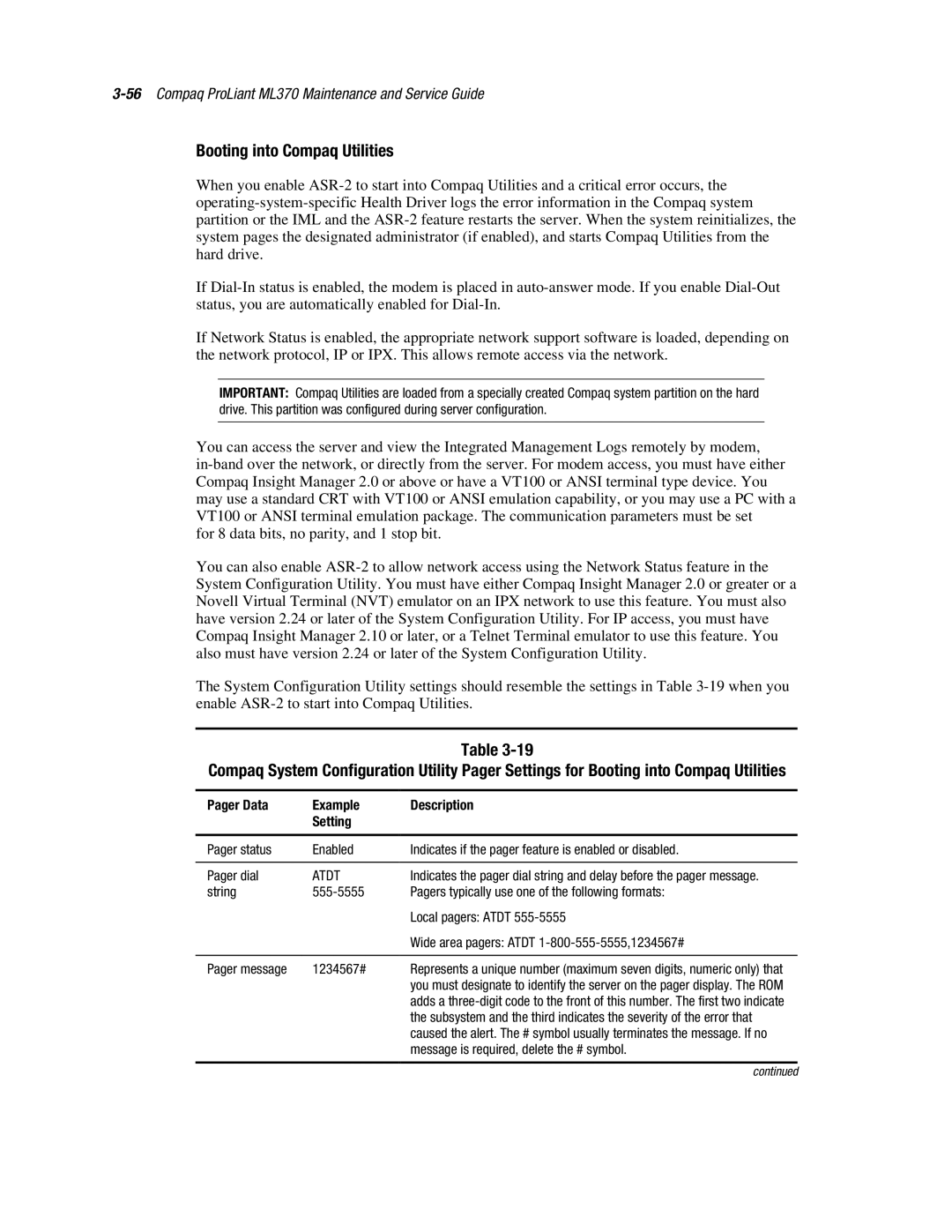 Compaq ML370 manual Booting into Compaq Utilities, Pager Data Example Description Setting, 1234567# 